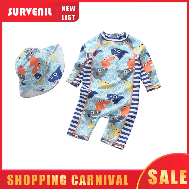 Baby UV Swimwear Shark Print One Piece with Sunscreen Cap Long Sleeves