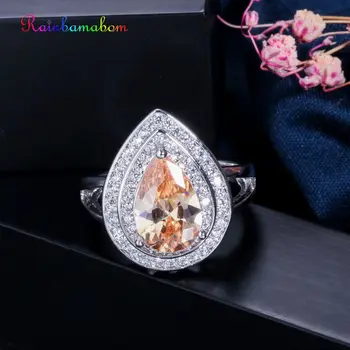

Rainbamabom Luxury 925 Sterling Silver Pear Water Drop Morganite Gemstone Wedding Engagement Women Ring Fine Jewelry Wholesale