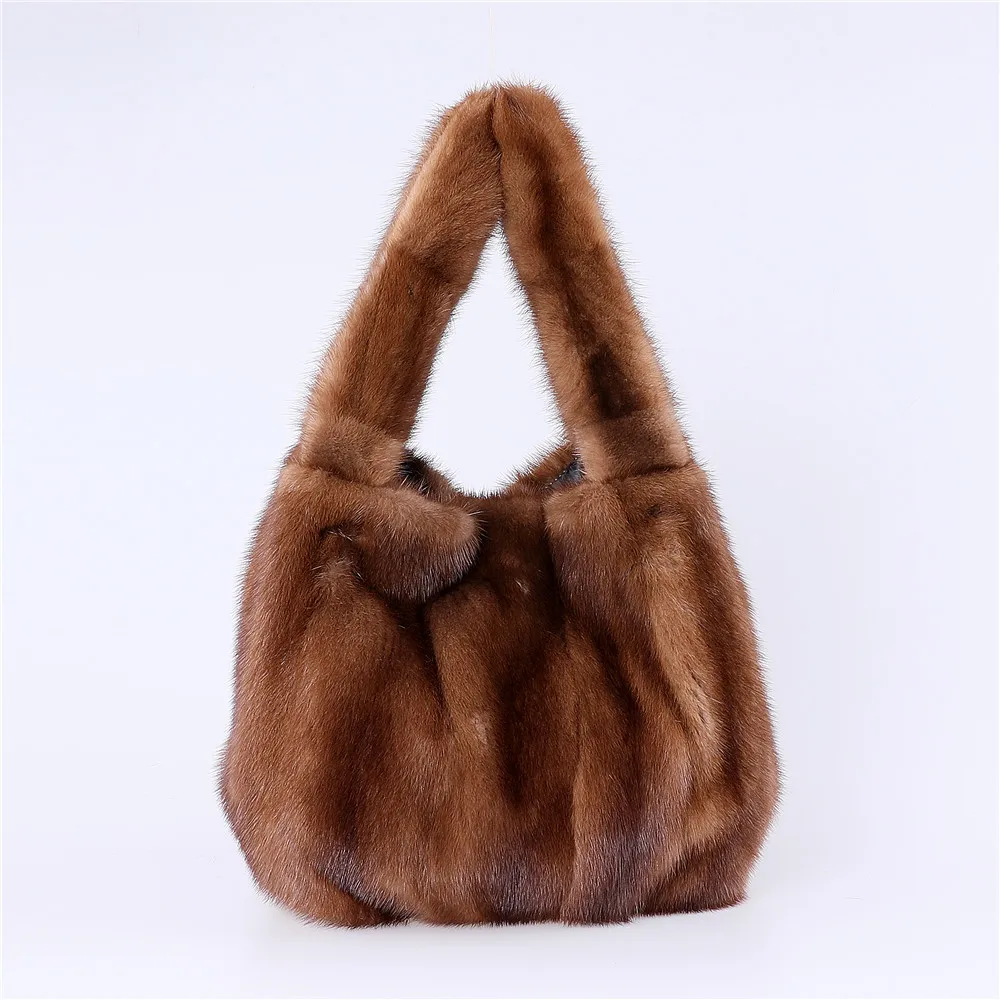

High Quality Women Winter Genuine Mink Fur Leather Shoulder Bag Large Tote Clutch Purse Handbag