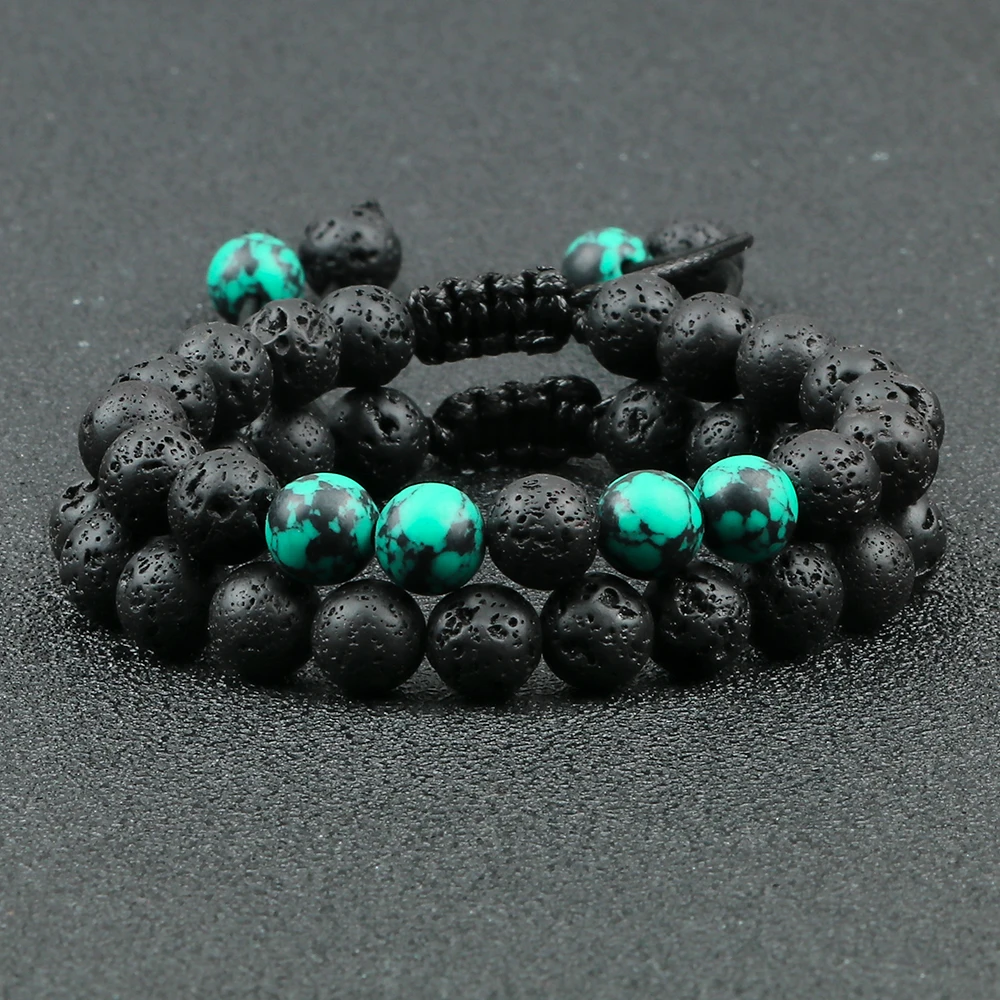 Stone Bead Bracelet 2Pcs Adjustable Braided Natural Stone Beads Bracelets for Couples Women Men Tiger Eye Lava Bracelet Yoga Jewelry