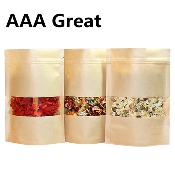 

100Pcs/Lot Kraft Paper Pouches Favor Gift Bags Stand Up Food Zip Lock Packaging Coffee Bag Window Wedding Candy Packaging Bags