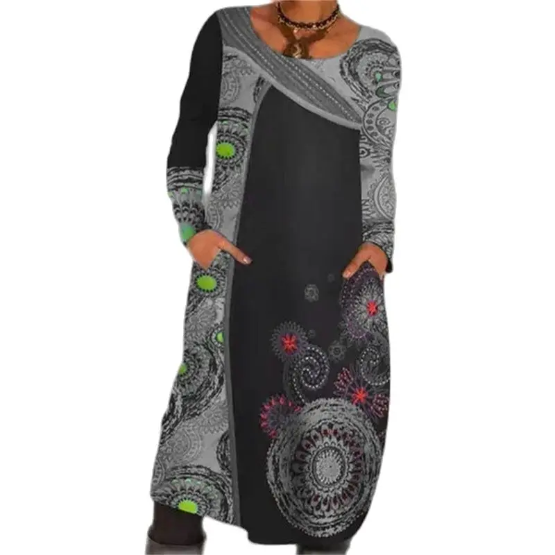 2021 Autumn Hedging Print Ethnic Dress Women New Fashion Splice O-Neck Long Sleeve Pockets Boho Maxi Dresses Female Vestidos