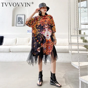

Loose Women Pattern Printed Mesh Big Size Dress Stand Collar Three-quarter Sleeve Loose Fit Fashion Spring Summer 2020 9WFS