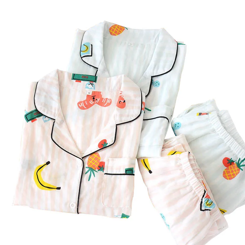 

2020 Spring And Autumn New Ladies Sleepwear Cartoon Banana Printed Women Comfort Gauze Cotton Pajamas Set Loose Thin Homewear