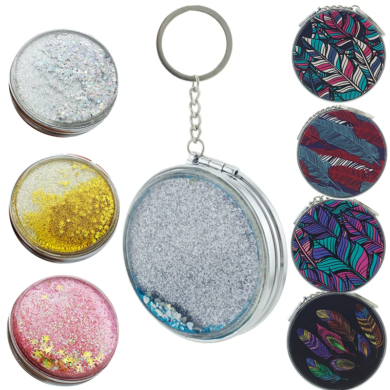 

TAFREE Floating Glitter Stars Liquid Quicksand Magnifier Mirror Keychains Lovely Beauty Pocket Mirror Key-ring 10pcs/lot