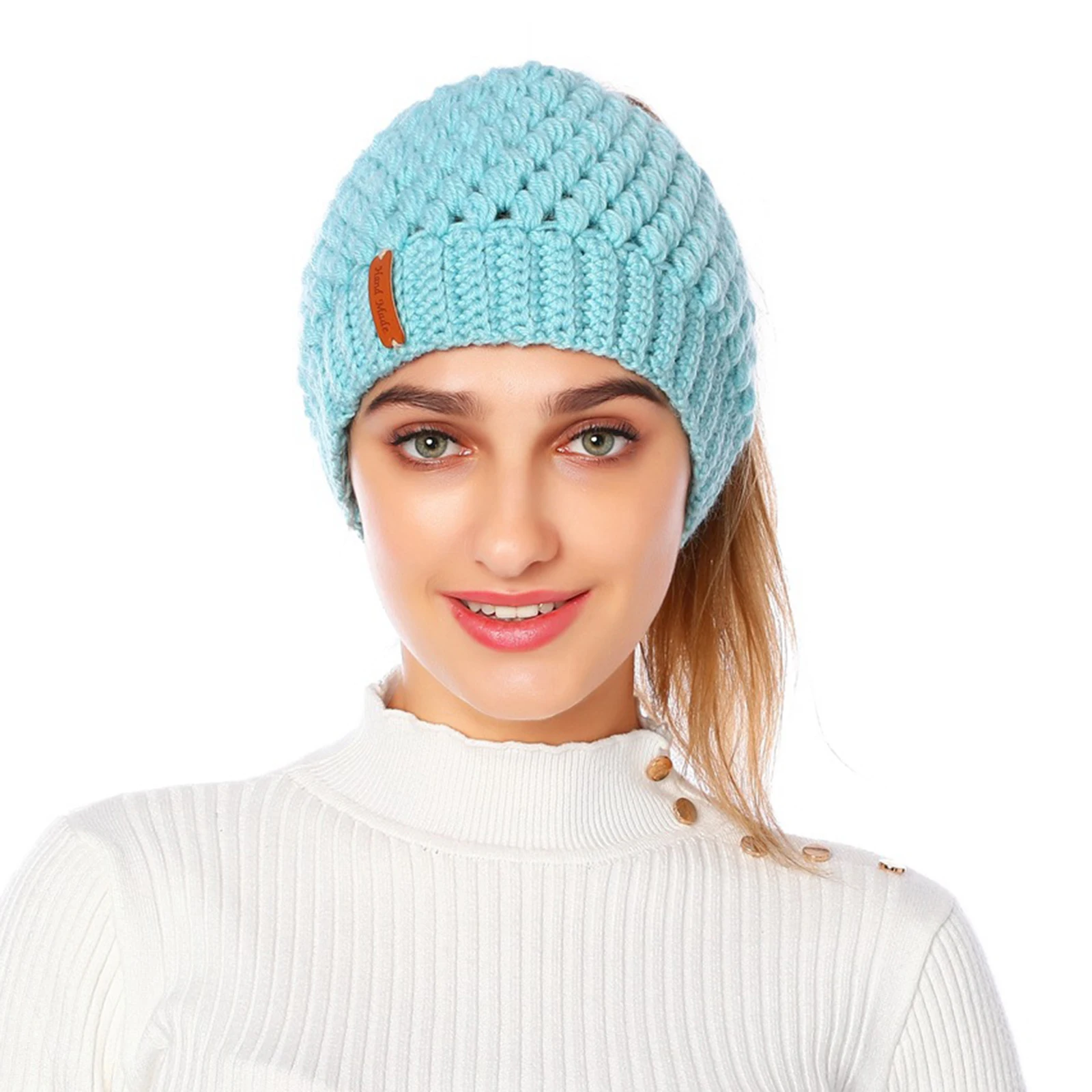 Women Skullies Beanie Hat Tail Stretch Warm Knit Messy High Bun Ponytail Beanie