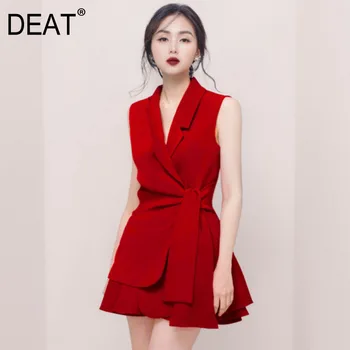 

DEAT 2020 New Autumn Solid Color Lapel Bandage Sleeveless Tops High Waist Slim Skirt Women's Sets Vintage Sexy Female Set WM791