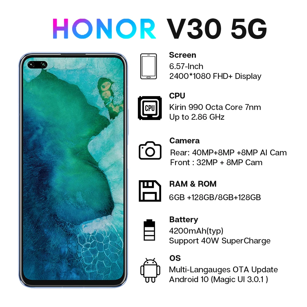  Honor V30 View 30 5G Smartphone Kirin 990 Octa Core 16Core GPU 40MP AI Triple Camera 40W SuperCharg
