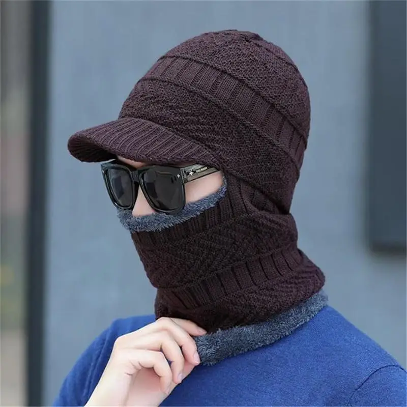 

2019 Newest Winter Acrylic Plus Velvet Neck Protection Knitted Hat Unisex Skullies&Beanies Outdoor Riding Siamese Hat Scarf
