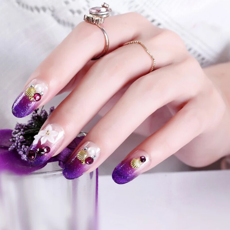 24pcs Purple Color False Nails Natural Flower Carved Long Size Fake Nails Women Fashion Nail Art Tips with 2g glue Glue