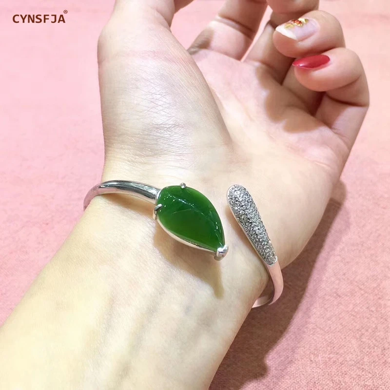 

CYNSFJA Real Certified Natural Hetian Jasper Inlaid 925 Sterling Silver Handmade Charm Jade Bangle Bracelet Green High Quality