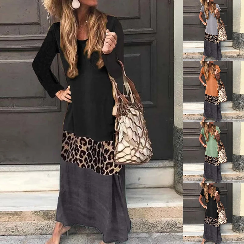 Vintage Leopard Long Dress Plus Size Loose Beach Summer Dress Fashion Casual Women Dress Long Sleeve & Short For Choice