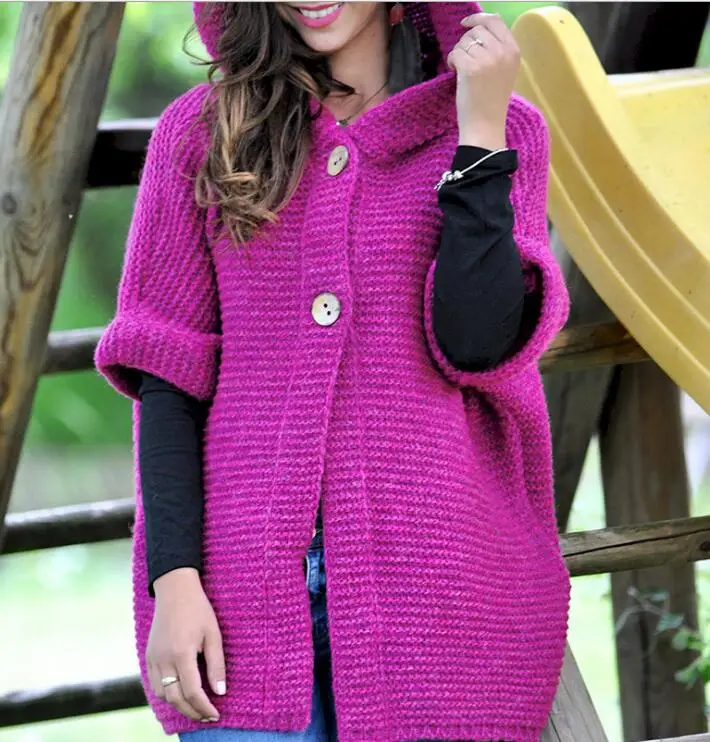 Женский осенне-зимний свитер пальто свободный с капюшоном сплошной цвет вязаный кардиган большого размера короткий рукав свитер пальто s473 - Цвет: Фиолетовый