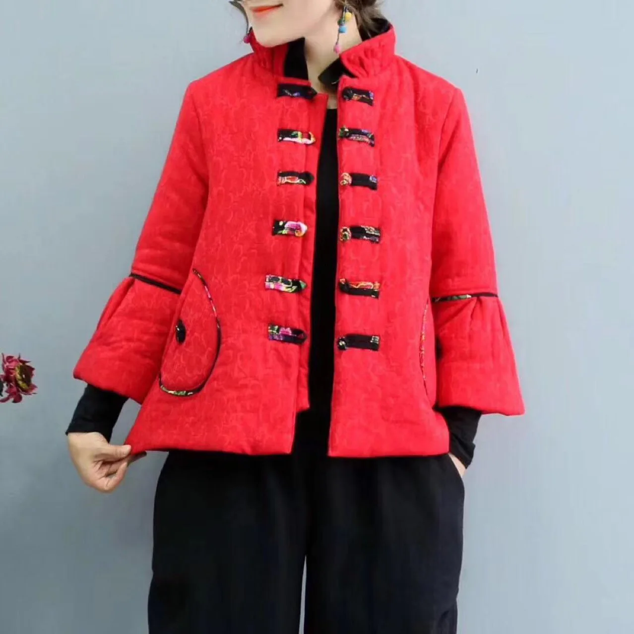 

Winter New Style WOMEN'S Dress Thick Warm Short Cotton Coat Literature And Art Frog National Wind Cotton Overcoat Cotton-padded