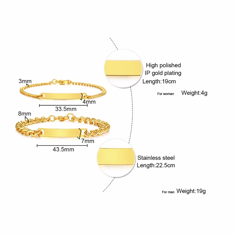 Stainless Steel Bracelet Plate Id Tag Bar Cuban Link Chain Engravable for Men Women Couple