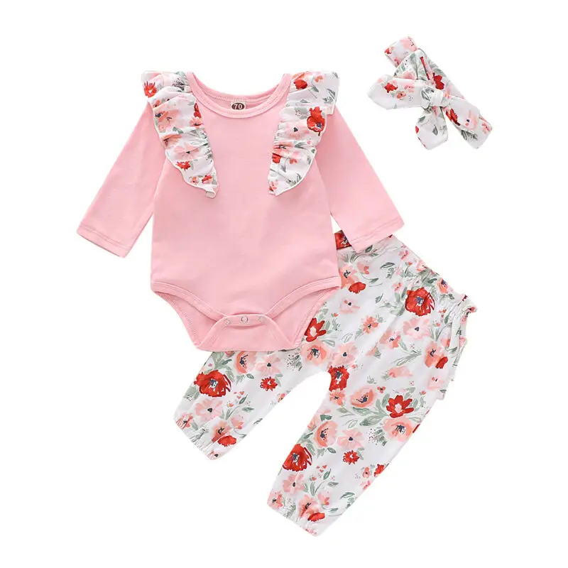 

2020 Spring Autumn Newborn Clothing Baby Sweet Girls Kids Floral Ruffle Romper Long-sleeved Tops Pant Headband Clothes