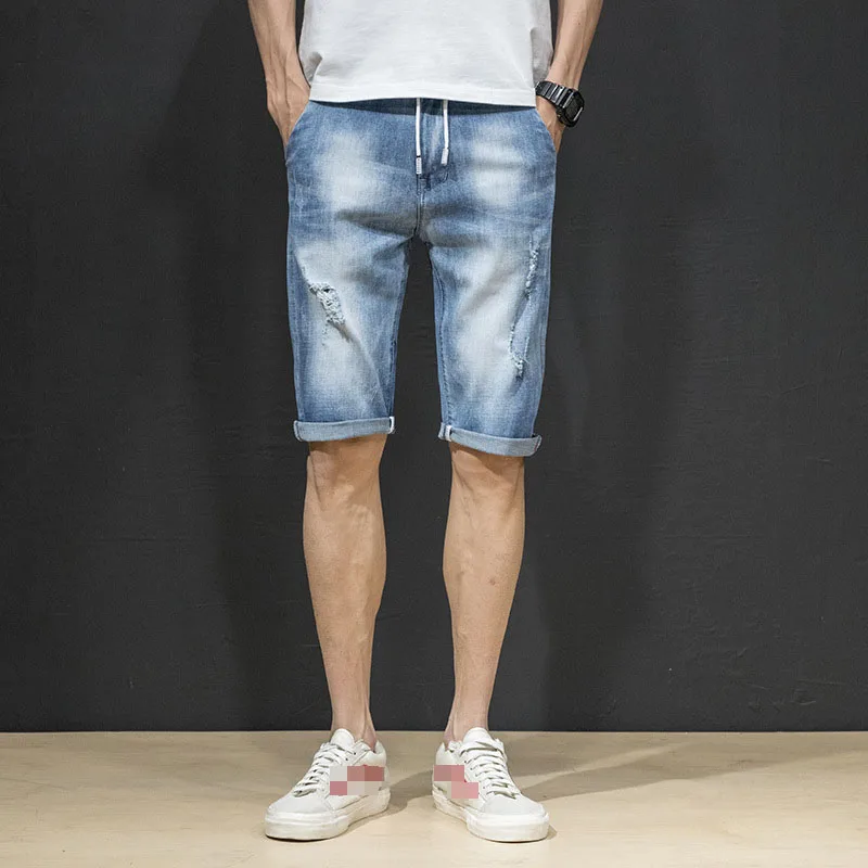 Men's Cotton Ripped Pockets Drawstring Ruched Denim Thin Short broken hole Knee Length Breathable Pants outerwear Summer Men's Cotton Ripped Pockets Drawstring Ruched Denim Thin Short broken hole Knee Length Breathable Pants outerwear Summer