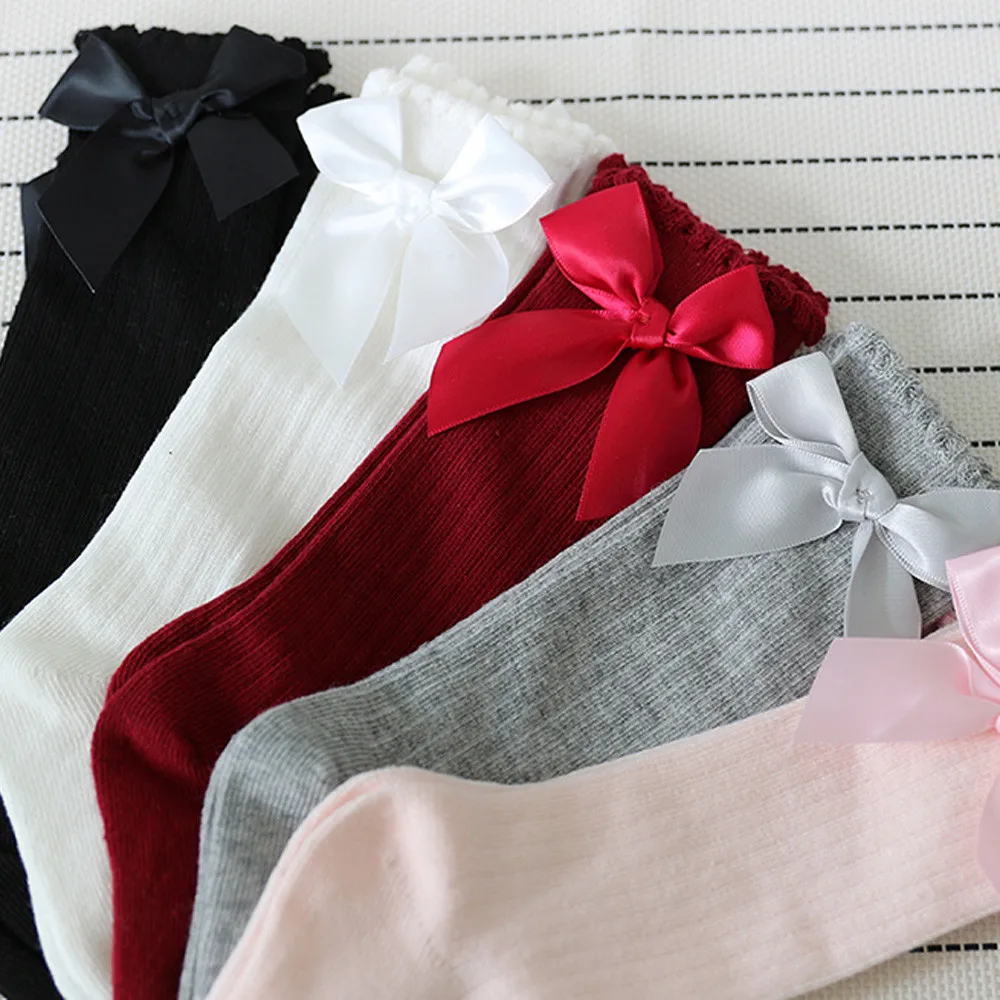 Коллекция года, детские носки для девочек осенне-весенние мягкие хлопковые кружевные детские носки до колена с большим бантом для новорожденных и маленьких девочек розовые и черные