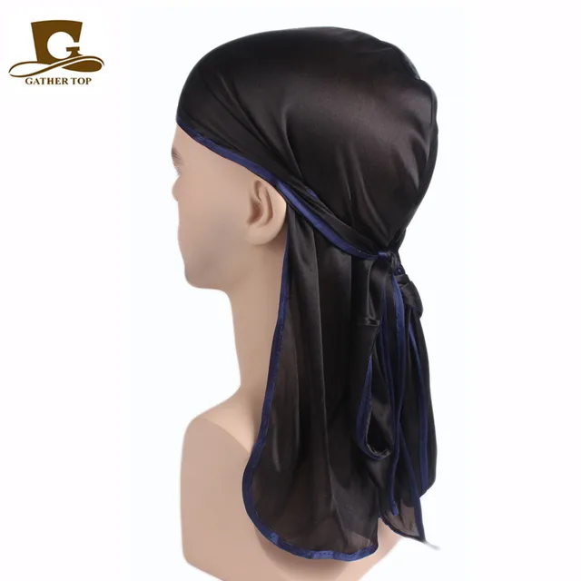 Men's Silky Durags Bandanas Turban hat Wigs Doo Men Satin Durag Biker Headwear Headband Hair Accessories Extra Long Tail Du-Rag Adult Black black