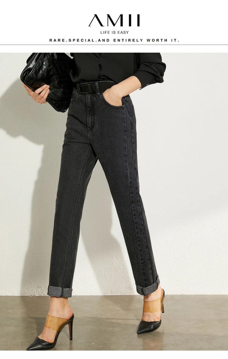 AMII Minimalism Summer Autumn Fashion Women Jeans Causal Cotton Black High Waist Straight Ankel-length Female Jeans 12040026