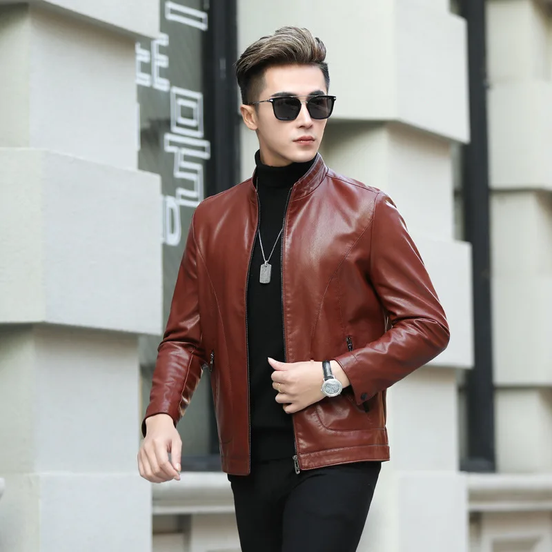 

Haining Leather Coat Men's Middle-aged Spring And Autumn New Style Thin Leather Jacket Men's Stand Collar Locomotive Leather Jac