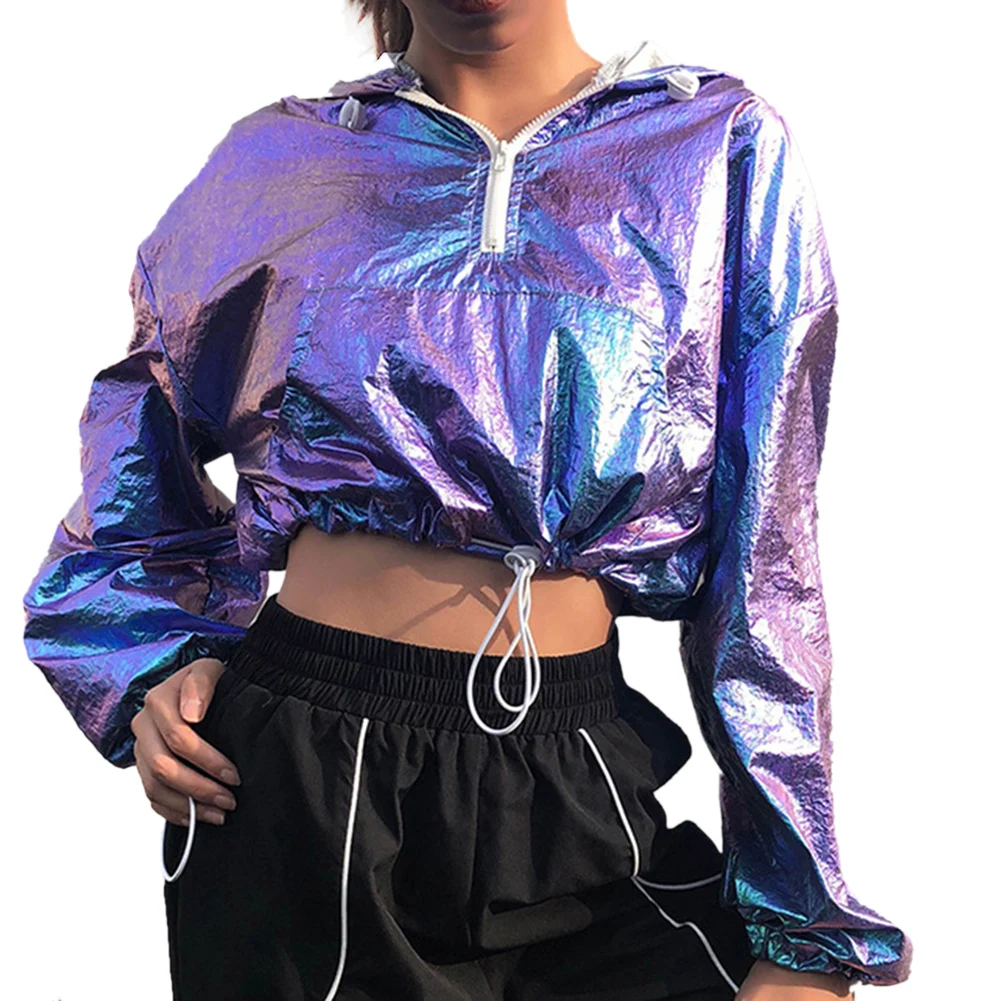 Sudaderas con láser brillante para mujer, Tops cortos moda de manga larga cordón, chaqueta de hip hop Sexy, sudaderas con informales, ropa de calle|chaquetas básicas| - AliExpress