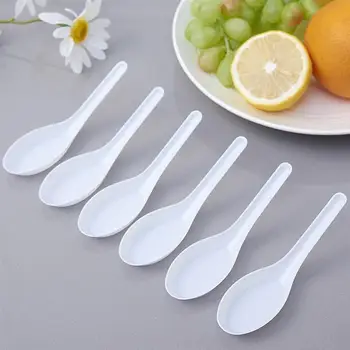 

100pcs Home Kitchen Clear Plastic Disposable Soup Spoons Asian Soup Spoons (White) Ice Cream Health Clean Non-toxic E11528