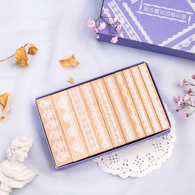 

10 pcs/set Vintage lace frame Decoration stamp wooden rubber stamps for scrapbooking stationery DIY craft standard seal