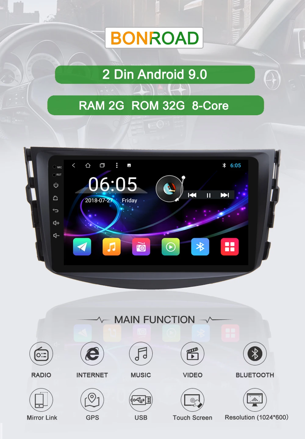 Perfect Bonroad Double Din Android 9.0  Octa Core  Car Multimedia Player For TOYOTA RAV4  Car Radio Stereo, DVD Player GPS Navigation 0