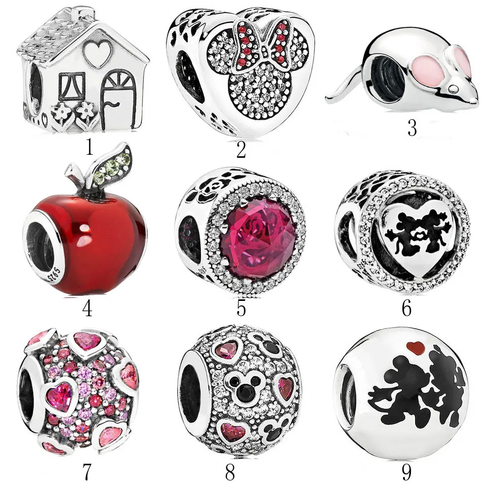

Authentic 925 Silver DIY Jewelry Sweet Home Snow White Apple Belle Mickey Minnie Kiss Charms fit Lady Bracelet Bangle