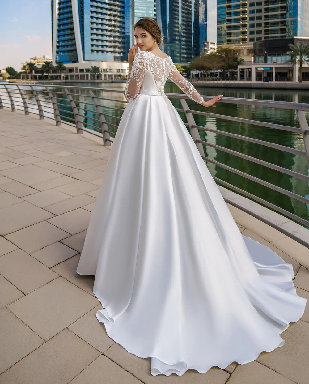 SoDigne Dubai Modest Wedding Dresses Lace Long Sleeve Satin Bride Dress With Belt Women Elegant Wedding Party Gowns Customized 13 H639fb0cac744406898148b8bbe58ad3e8