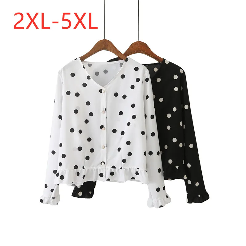 

Большие женские весенние новые тонкие свободные короткие кружевные блузки в горошек