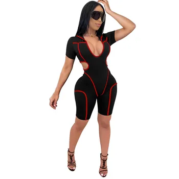 

Fashion Patchwork Women Playsuit Female Skinny Rompers Short Sleeve Summer Bodysuit Women Hollow Out Bodycon Sexy Playsuit