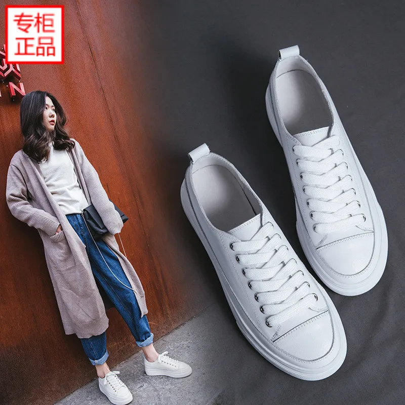 

2019 Autumn And Winter New Style Women's White Shoes Genuine Leather Flat Heel Shoes Versatile Comfortable Loafers Casual Sport