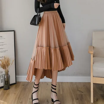 

Spring Patchwork Draped Irregular Mesh Long Pleated Skirts Elegant A-line High Low Mesh Long Skirts Gray Coffee