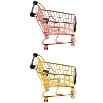 

2x Creative Mini Shopping Cart Storage Box Small Object Storage Basket Wrought Iron Metal Supermarket Trolley Storage Basket- Ro