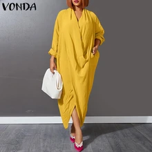 

VONDA Femme Party Vestidos Women Long Sleeve Sundress Spring V Neck Holiday Dress Bohemian Female Solid Pleated Party Long Dress