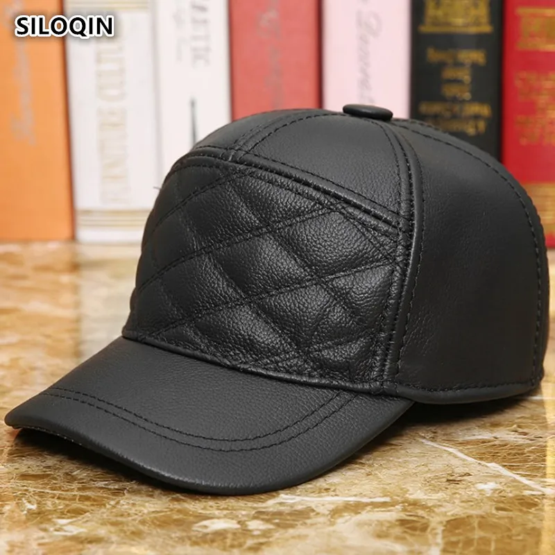 SILOQIN мужская Кепка шляпа из натуральной кожи осень зима Модные Качественные Бейсбольные Кепки из воловьей кожи регулируемые теплые наушники кепки с козырьками