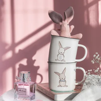

Set of 2pcs White Ceramic Mug Cartoon Rabbit Coffee Mug Drinking Water Cup for Couples Best Birthday Gift Milk Drinkware
