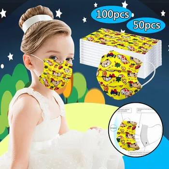 

50/100 pcs 3-layer Nonwoven Fabric Mouth Face Mask Disposable Mask Earloop Mask Adult Kids Cartoon Kawaii Masks YELLOW