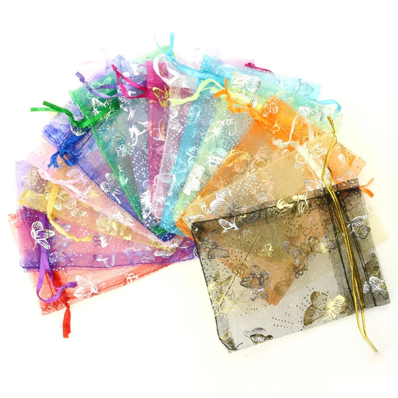 

7*9 9*12 13*18cm 100pcs Bronzing Butterfly Drawstring Organza Bags Wedding Party Candy Pouches Jewelry Packaging Storage Bags