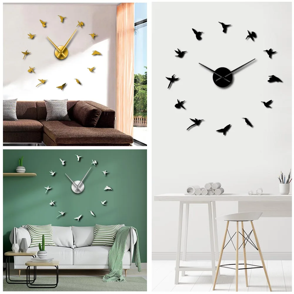 Hummingbird Big Designer Wall Clock Quiet Sweep Nature Animals Fly Diy Wall Watch Room Home Decor Acrylic Clock Bird Lovers Gift