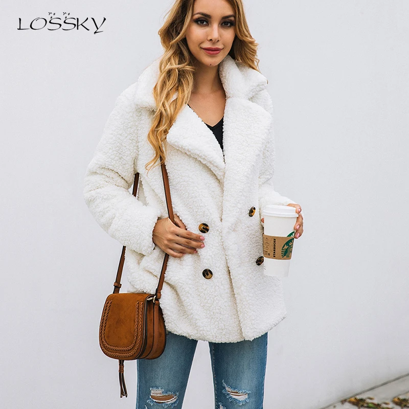 Vente Lossky femmes à manches longues automne hiver épais chaud veste manteaux grande taille bouton lâche poche rose dame en peluche flanelle pardessus