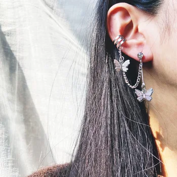 

Fashion Butterfly Pendant Earrings Rhinestone Ear Studs Silver Color Chain Link Hollow Ear Clips For Women Girls Jewelry Gift