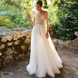 Sevintage Boho Wedding Dresses Lace Appliques Crystal Belt Bride Dress Long Sleeves Flowers A Line Bridal Gowns Custom Made
