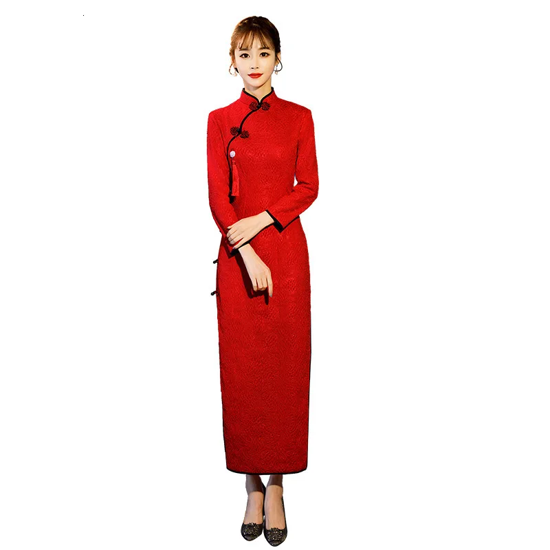 Sheng Coco с длинным рукавом Кружева китайские платья Cheongsam свадебное платье традиционное вечернее платье женская Новогодняя одежда осень