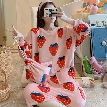 

Sweet Loose Nightwear Thicken O-neck Home Dressing Gown Lady Nightgown Winter Long Flannel Nightdress Warm Kimono Bathrobe