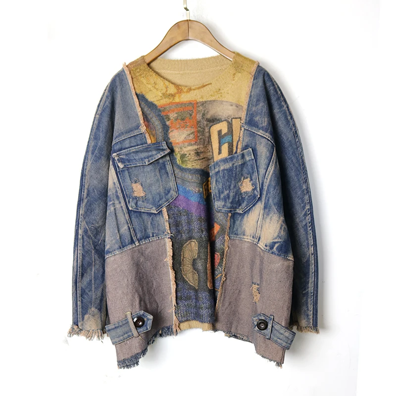 

Streetwear Autumn Winter New Fashion Pullover Sweater Oversized Patchwork Denim sleeves Print Imitated Mink Wool Sweater