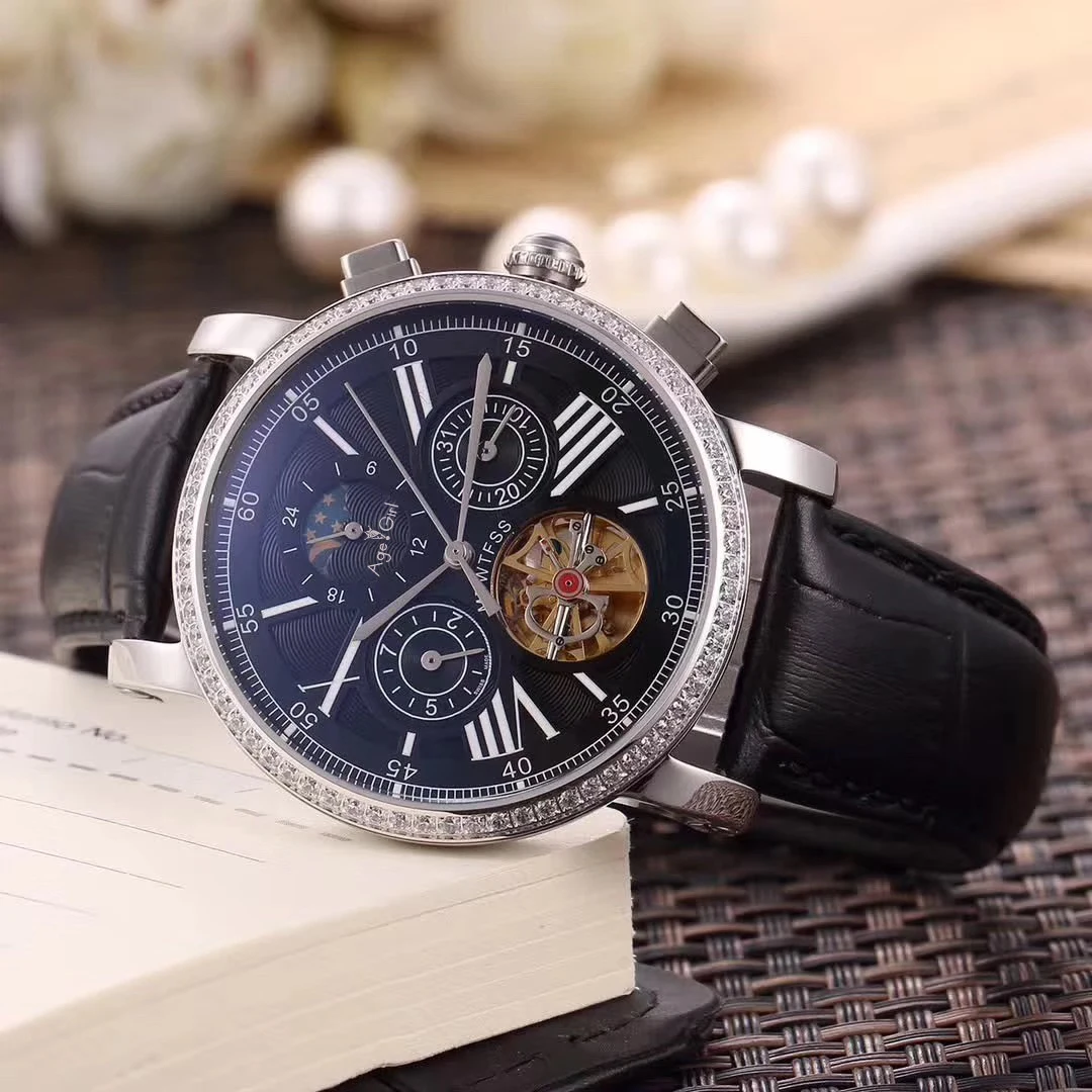 

Luxury Brand New Men Automatic Mechanical Watch Silver Diamond Black Leather Tourbillon MoonPhase Dual Time Sapphire Sport AAA+