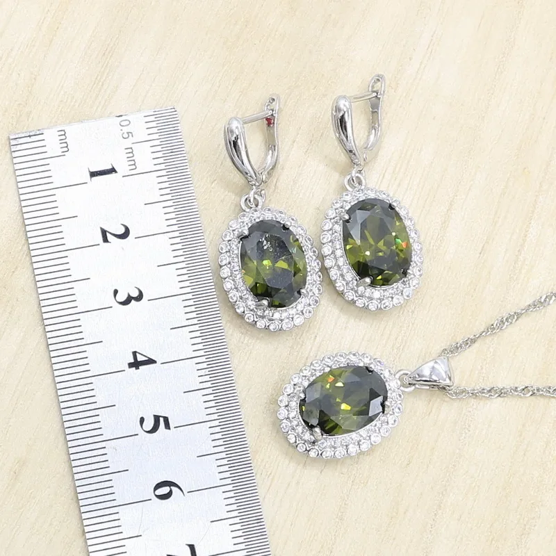 Olive Green Zircon 925 Silver Jewelry Set for Women Wedding Bracelet Earring Necklace Pendant Ring Gift Box